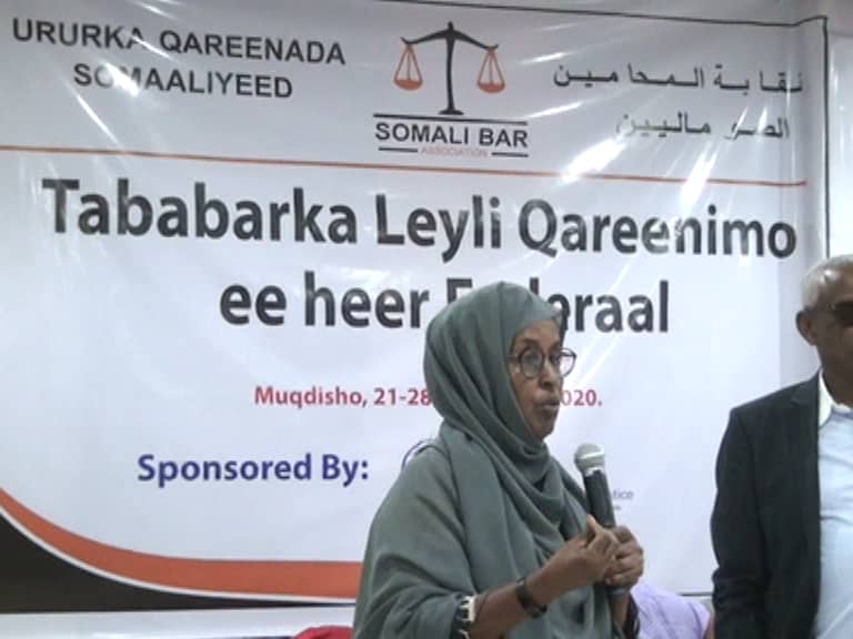 Asha-Kin F. Duale speaking at Trial Advocacy Skills Workshop Mogadishu Somalia